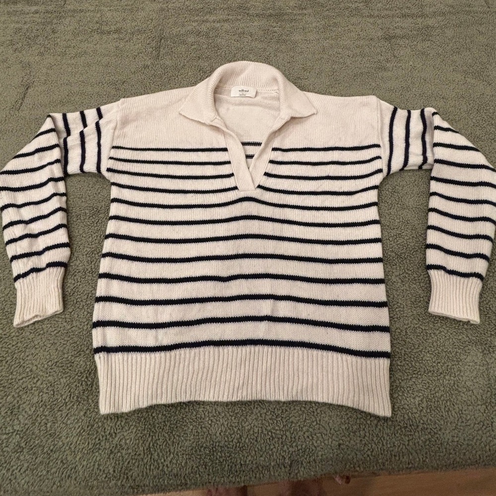 Wilfred Aritzia Striped Wool Collared Polo Sweater Cream Navy Size S Preppy